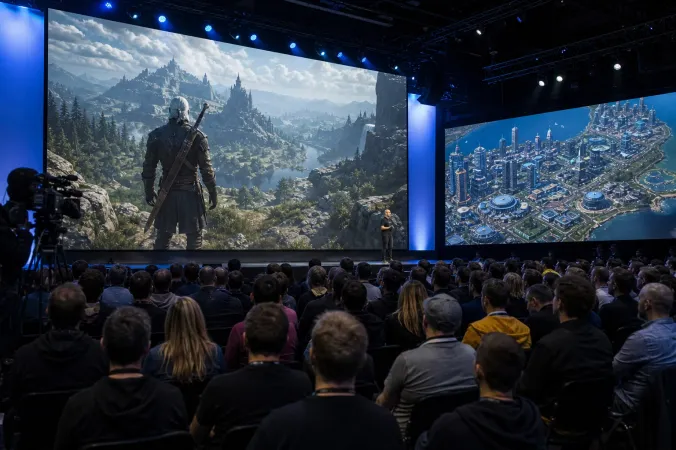 A brightly lit Gamescom-style presentation stage with a large fantasy role-playing game trailer playing on a screen as attendees watch.