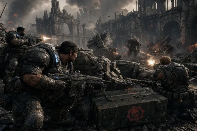 Gears of War: E-Day soldiers taking cover in a ruined city during a multiplayer battle.