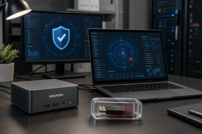 A compact GEEKOM mini PC beside a laptop showing a security scan in a controlled editorial workspace.