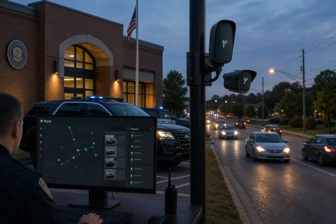 An editorial illustration of a police surveillance dashboard showing vehicle-location searches beside roadside licence-plate cameras outside a Georgia police station.