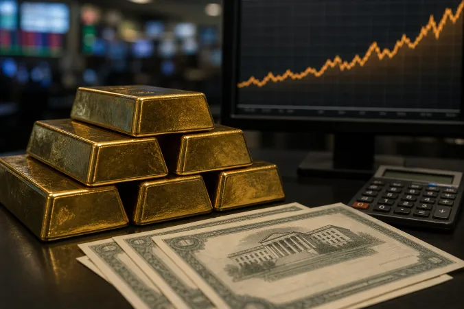 Gold bars and a market-price chart on a trading desk beside US Treasury documents.