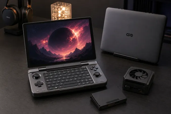 A GPD Win Max 3 handheld PC with an open keyboard, OLED display and removable cooling module on a desk.