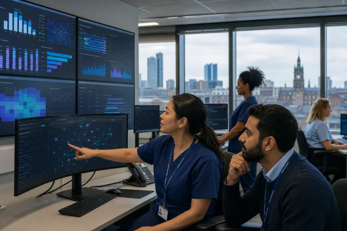 A clinician and data analyst review an abstract patient-flow dashboard in a Greater Manchester hospital setting, with the Palantir logo displayed on a separate screen.