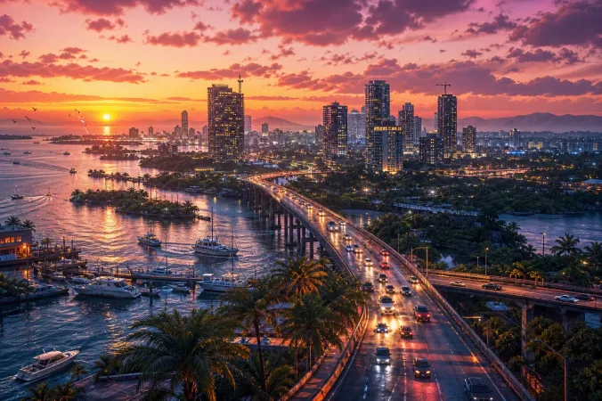 A fictional tropical coastal city at sunset with a highway, marina, wetlands and distant high-rise buildings.