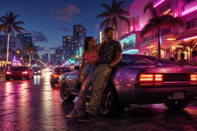 Jason and Lucia standing beside a car on a neon-lit Vice City street at night, with city traffic and pedestrians behind them.