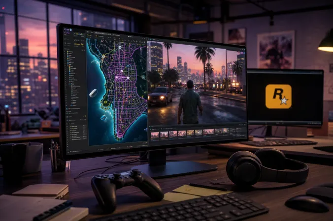 A fictional city waterfront at dusk displayed on a development workstation beside a controller, with the Rockstar Games logo visible on a monitor.
