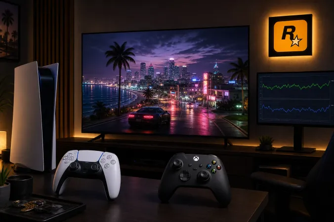 A PlayStation 5 and Xbox Series X controller on a desk facing a television displaying a neon-lit fictional coastal city at night, with the Rockstar Games logo visible.