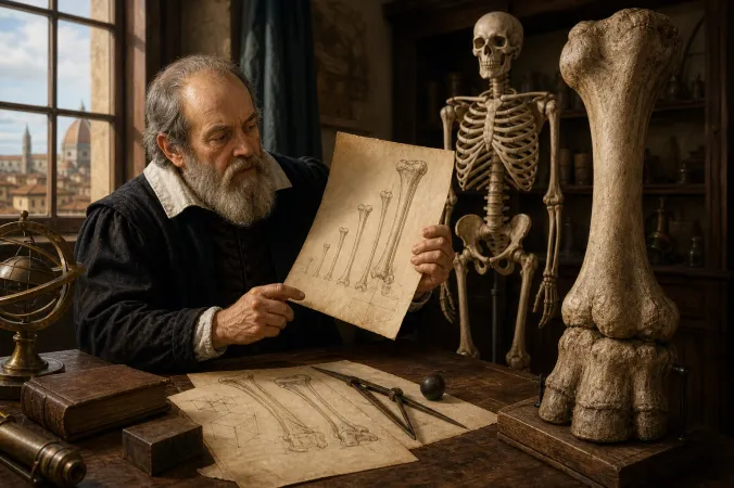 Editorial illustration of Galileo examining a scaled human skeleton diagram beside a large robust animal skeleton in a Renaissance workshop.