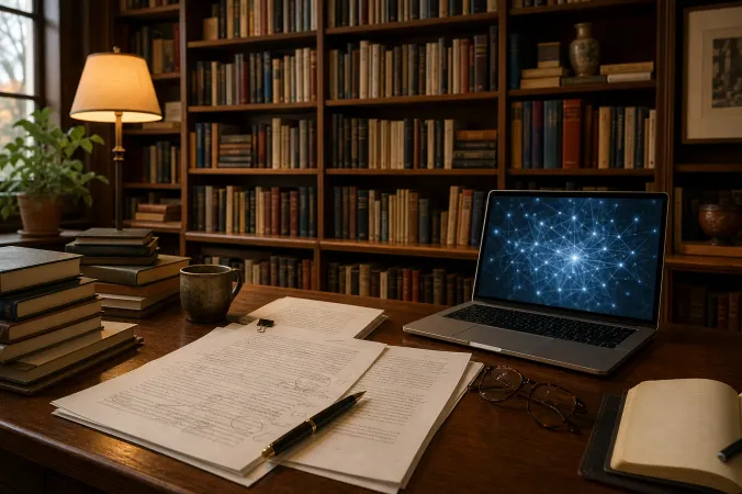 A quiet publishing workspace with shelves of varied books, manuscript pages and a laptop showing abstract AI network imagery.