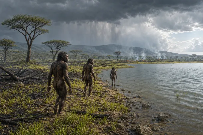 Illustration of early hominins moving through a patchy East African grassland after a wildfire, with rain clouds and distant flames.