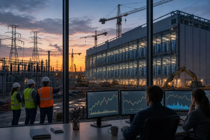 A modern data centre construction site with power infrastructure and financial market screens in the foreground.