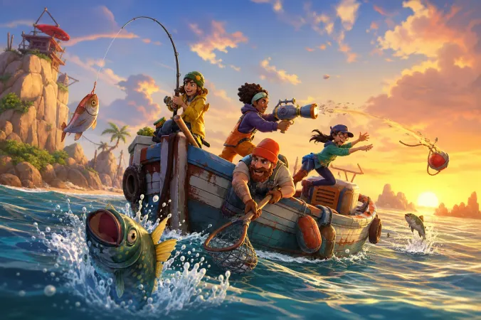 Four players on a small boat near a rocky island, fishing with exaggerated equipment in a colourful physics-based game scene.