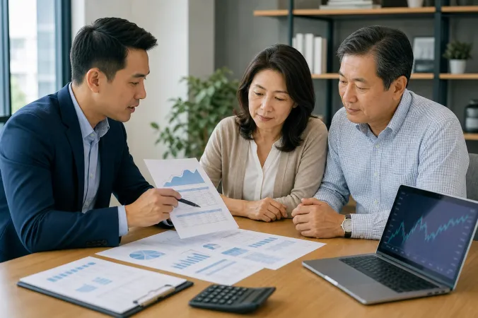 A financial adviser reviews a life insurance illustration with a couple at a desk, alongside a market chart and policy documents.