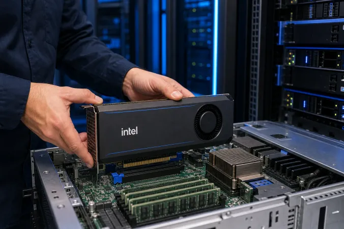 An Intel-branded air-cooled data-centre GPU installed in a modern server rack with memory modules and cooling hardware visible.