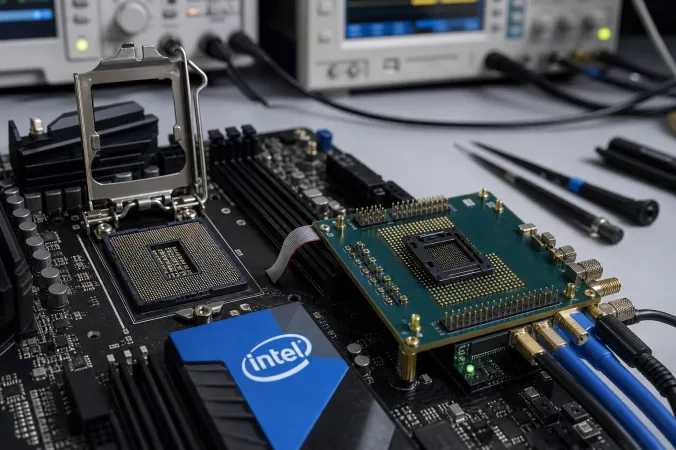 Close view of an Intel-branded desktop motherboard socket beside an engineering validation fixture on a laboratory workbench.