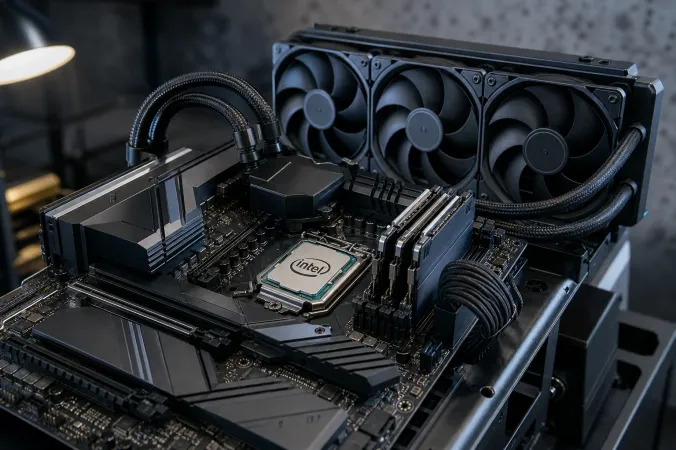 An Intel desktop processor on a motherboard beside a liquid CPU cooler in a high-performance PC test bench.