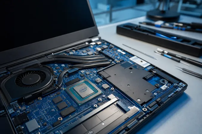 An Intel-branded laptop processor package on a circuit board beside a thin performance laptop.