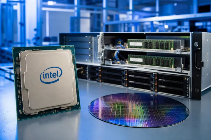 An Intel-branded server processor on a laboratory workbench beside a rack-mounted data-centre server and a silicon wafer.