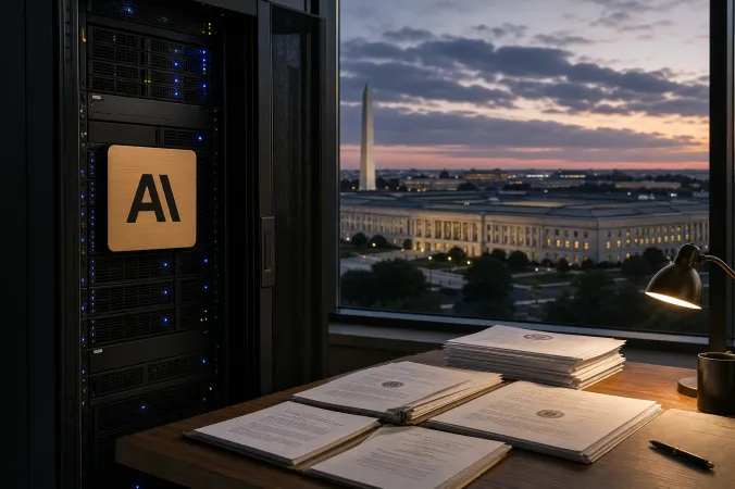 Editorial illustration of an Anthropic logo on a secure AI server beside federal court documents and a Pentagon-like government building.