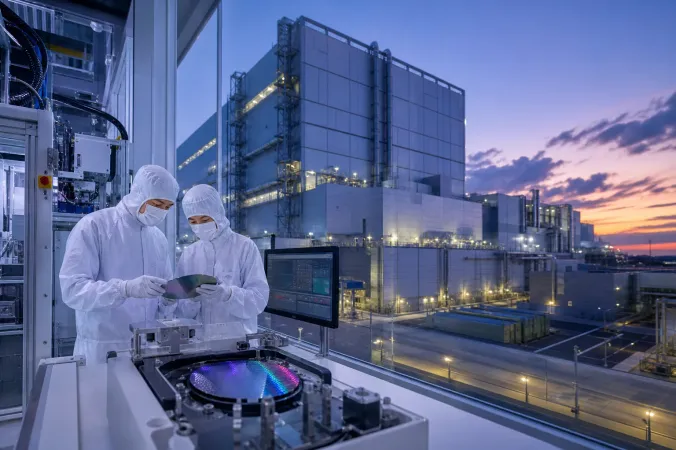 A modern semiconductor fabrication facility in Japan with wafer-processing equipment and engineers in cleanroom suits.