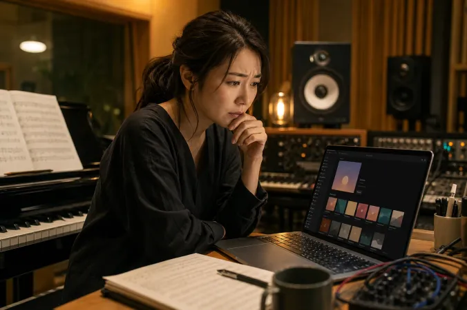 A music composer reviewing an unfamiliar digital album release on a laptop in a recording studio.