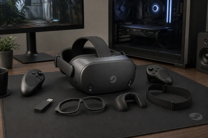 A Valve Steam Frame virtual reality headset, wireless adapter, controllers and fitting accessories arranged on a clean desk beside a gaming PC.