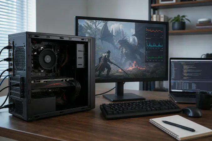 An older compact desktop PC running a Linux game on a monitor beside a CPU performance graph, with a small form factor computer and cooling fan visible.