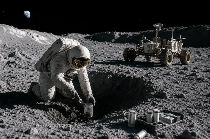 An astronaut collecting a lunar regolith sample near a shadowed south-polar crater on the Moon.