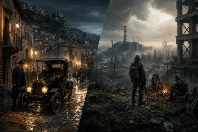 A moody editorial scene contrasting a 1905 Sicilian street with a ruined industrial landscape, representing Mafia and S.T.A.L.K.E.R. 2 expansions.