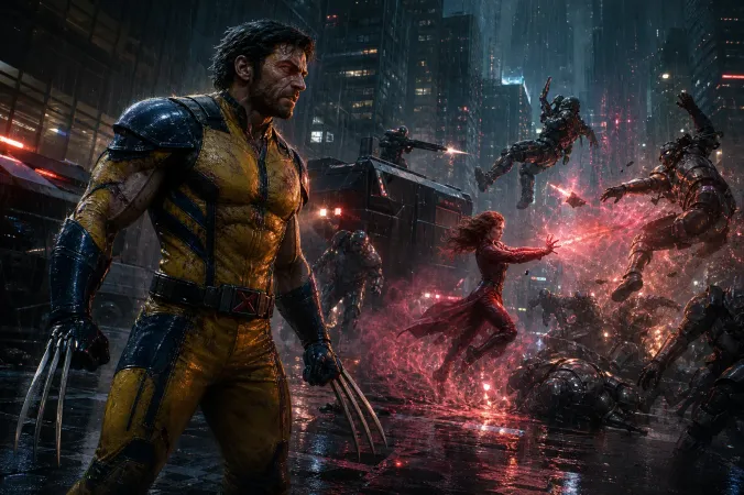 Wolverine stands on a rain-soaked Tokyo street with claws extended as Jean Grey uses telekinetic energy against armed attackers in the distance.