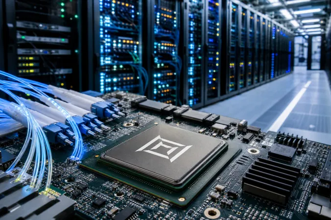 A Marvell-branded semiconductor chip on a circuit board inside a modern AI data centre.