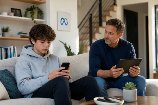 A teenager using a smartphone while a parent reviews safety settings beside a Meta logo in a modern home setting.