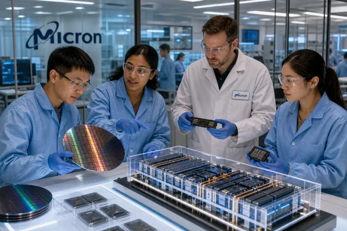 Micron research laboratory in Boise with engineers examining semiconductor wafers and memory-package models.