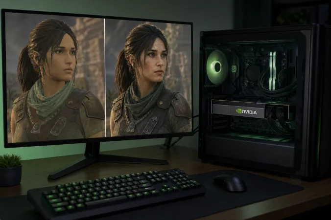 A high-end Nvidia gaming PC displays a side-by-side neural-rendering comparison in a dimly lit workstation.