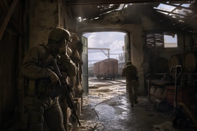 A fictional modern military multiplayer scene inside a dim wine warehouse, with two soldiers moving through cover and a train yard visible outside.