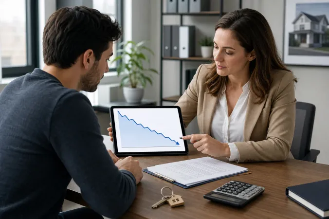 A prospective homebuyer and mortgage adviser review loan documents and a tablet showing interest-rate charts at a desk.