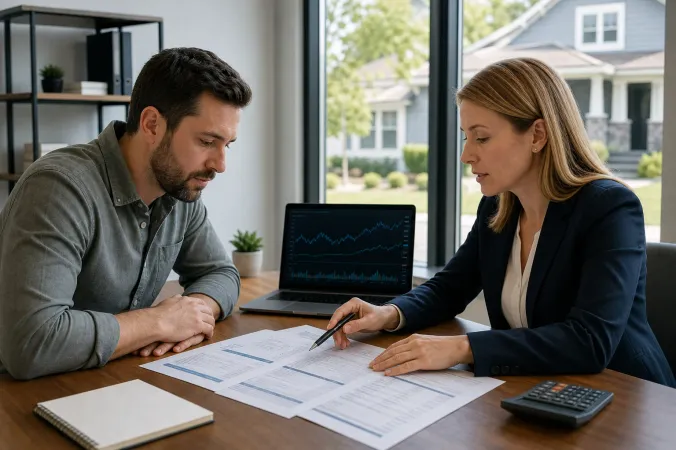 A prospective homebuyer reviewing mortgage documents and bond-market charts with a lender at a desk.