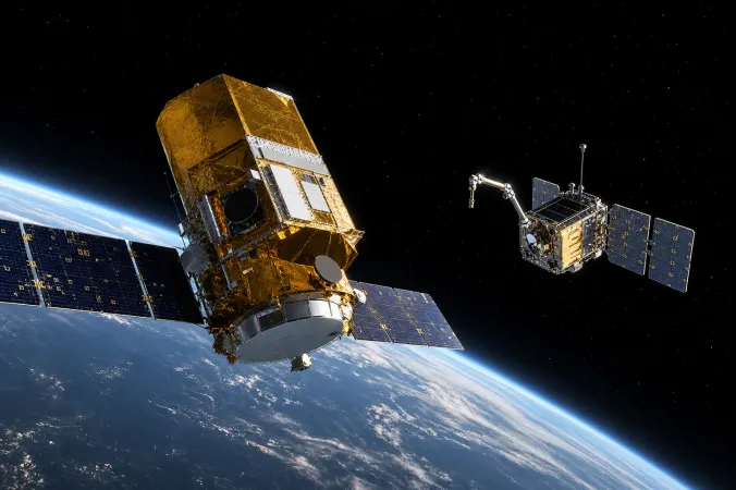 An editorial illustration of the Neil Gehrels Swift Observatory and the smaller LINK servicing spacecraft flying near Earth without making contact.