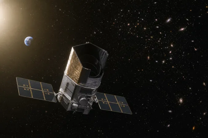 An artist’s editorial depiction of the Nancy Grace Roman Space Telescope above Earth with a wide infrared survey field extending into space.