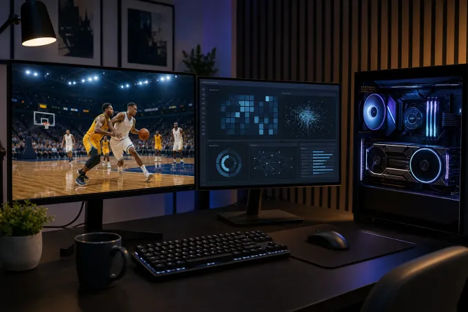 A high-end gaming PC renders a realistic basketball court scene on a monitor while a graphics card and diagnostic file window sit nearby.