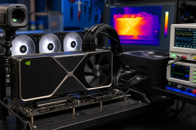 A high-end NVIDIA GeForce graphics card installed in a desktop test bench beside power-monitoring equipment.