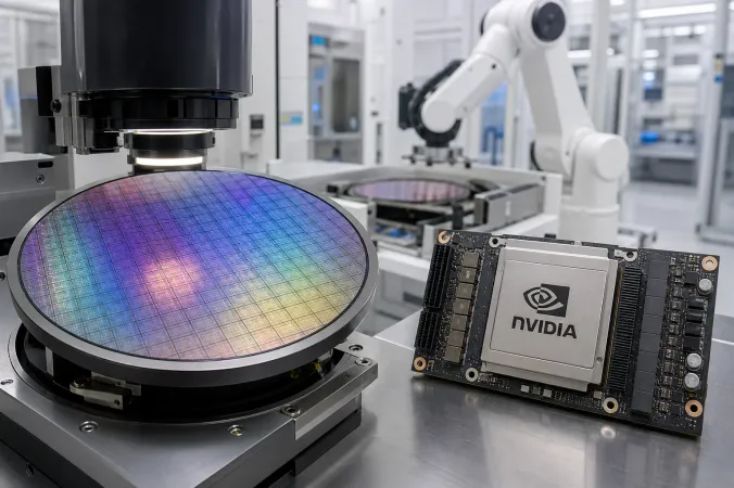 A close view of an Nvidia-branded data-centre GPU package beside a silicon wafer in an advanced semiconductor fabrication environment.