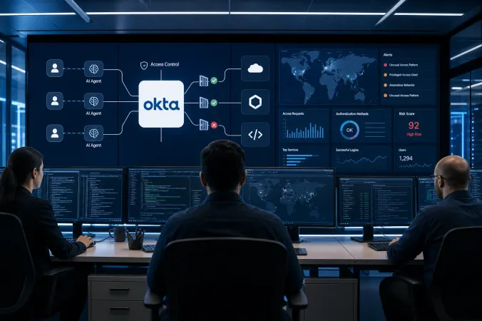 An enterprise security operations room showing AI agent connections on monitors, with the Okta logo on a central access-control display.