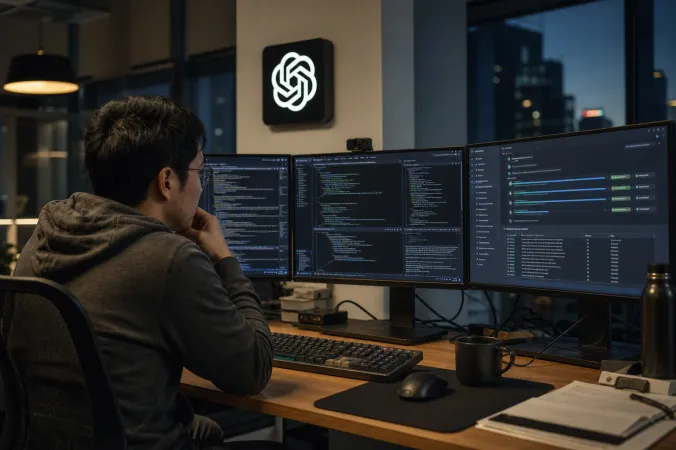 A software developer reviewing an AI agent workflow on several monitors beside a notebook, with the OpenAI logo visible on one screen.