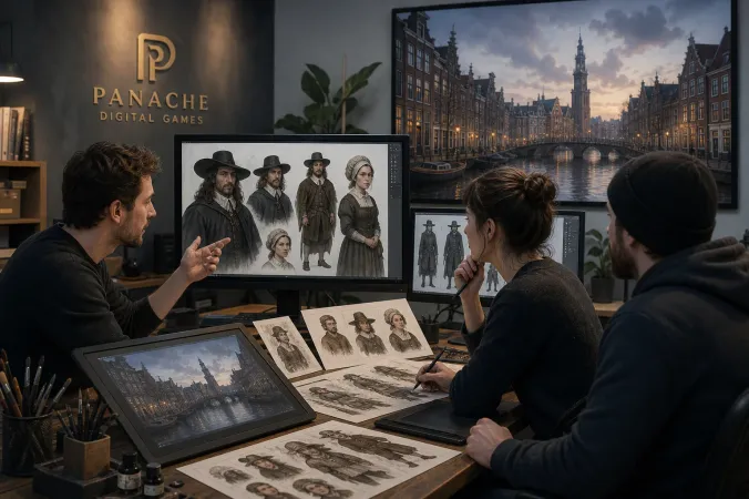 A developer reviews hand-drawn character portraits on monitors in a studio, with an Amsterdam canal reference board and the Panache Digital Games logo visible.