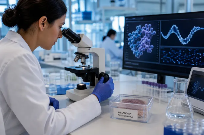 Laboratory scientist examining a melanoma tumour sample beside an mRNA research workstation.