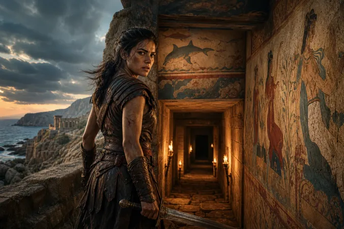 A medieval adventurer carrying a sword stands at the entrance to a torchlit stone labyrinth on a rocky Mediterranean island.