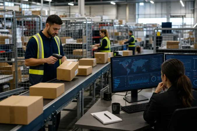 A fulfilment warehouse worker scanning parcels on conveyor belts while a cybersecurity analyst monitors an incident response dashboard in the background.