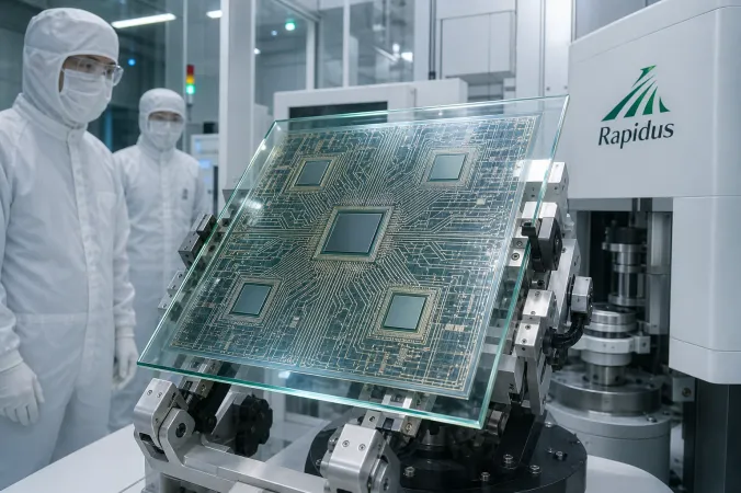 A clean semiconductor packaging facility showing a large glass panel with chiplet interposer patterns, robotic handling equipment and the Rapidus logo.