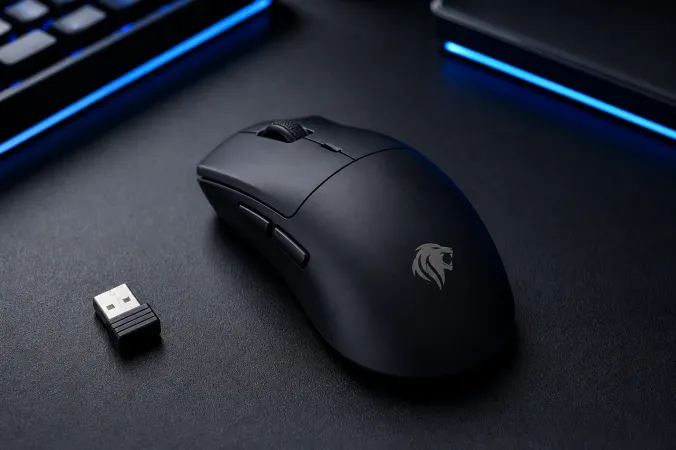 A dark RAWM Leviathan V4 GT wireless gaming mouse shown beside its receiver on a clean studio desk.